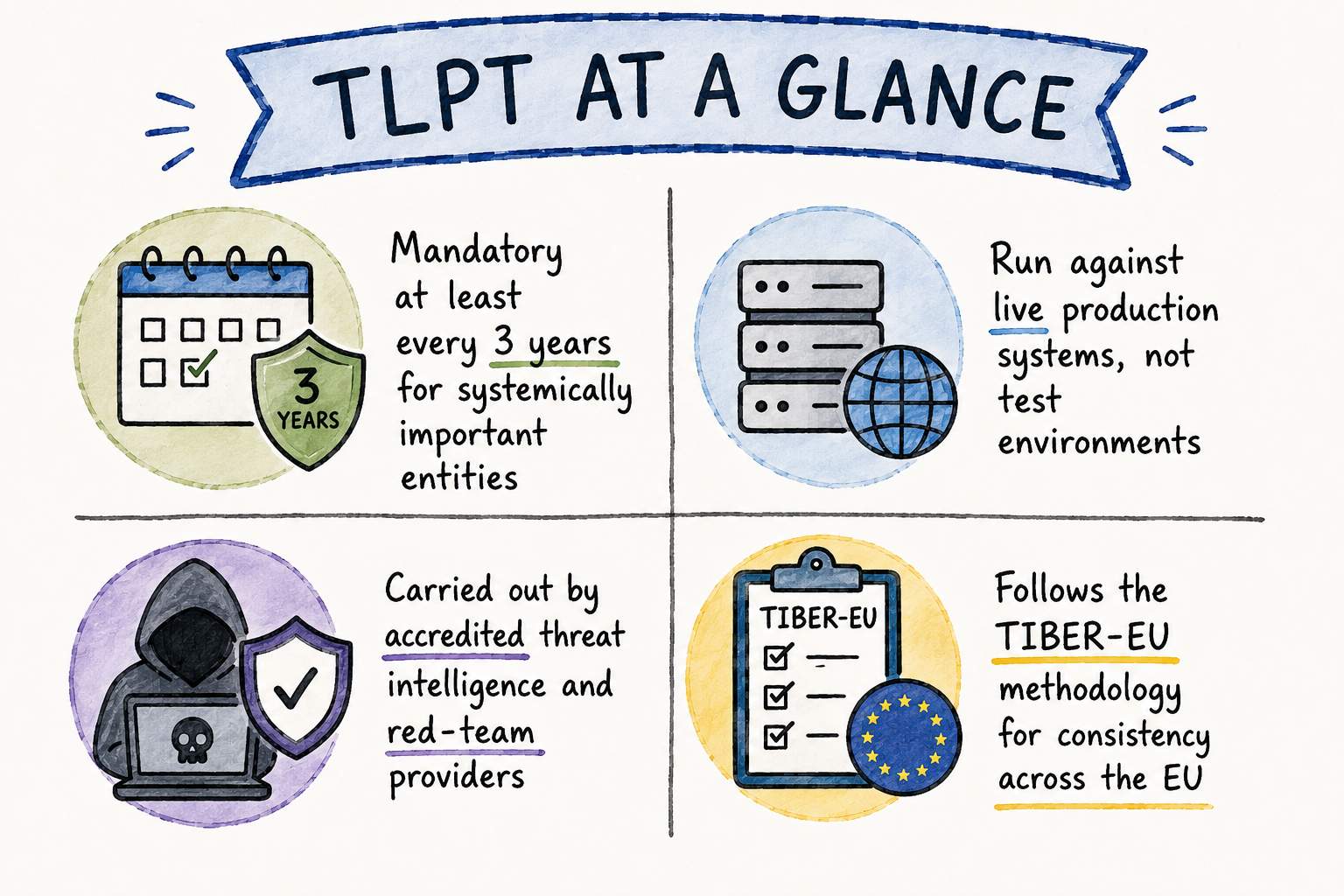 Hand-drawn infographic summarizing Threat-Led Penetration Testing (TLPT) requirements under DORA, including three-year testing cycles, live production testing, accredited providers, and TIBER-EU methodology.