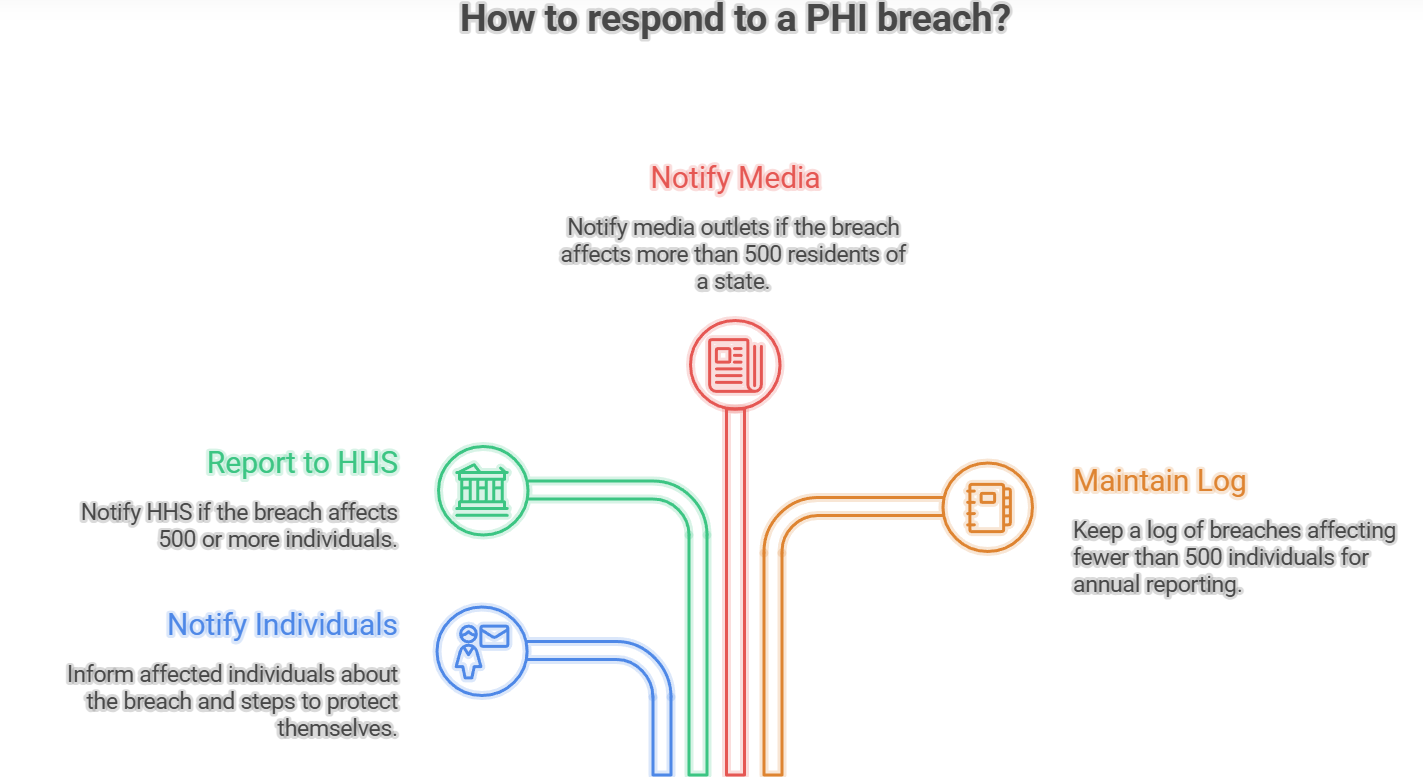 Workflow showing HIPAA breach response steps including notifying affected individuals, reporting major breaches to HHS, informing media when required, and maintaining breach logs for annual reporting.