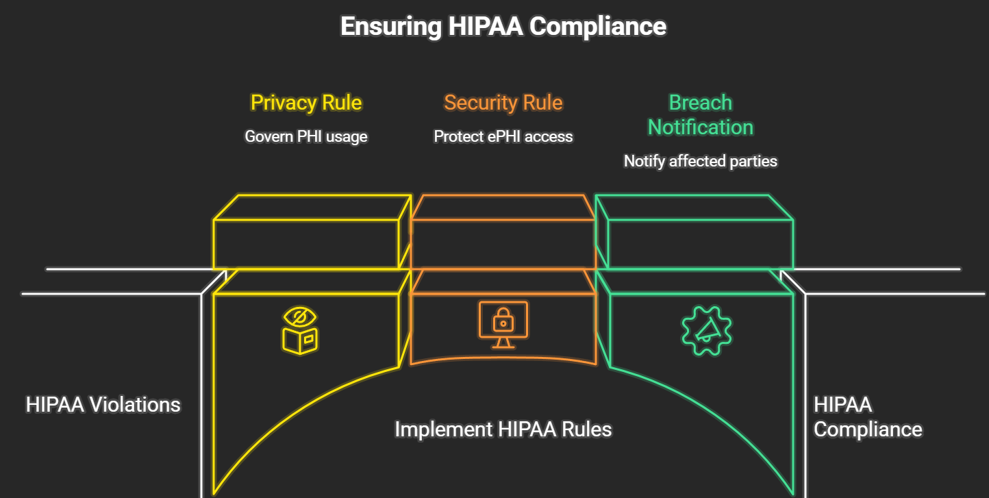 Illustration of the HIPAA compliance framework highlighting the Privacy Rule for PHI usage, Security Rule for ePHI protection, and Breach Notification Rule for reporting incidents, leading from HIPAA violations to compliance.
