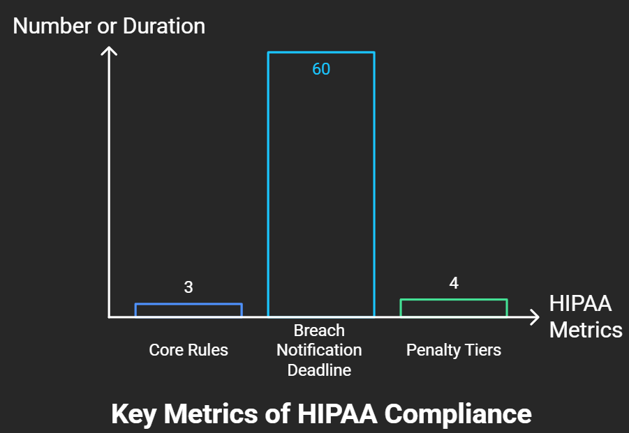 Key HIPAA compliance metrics highlighting the three core HIPAA rules, 60-day breach notification requirement, and four-tier penalty structure.