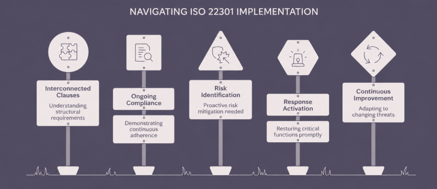 ISO 22301 implementation roadmap showing interconnected clauses, compliance, risk identification, response activation, and continuous improvement for an effective Business Continuity Management System (BCMS).