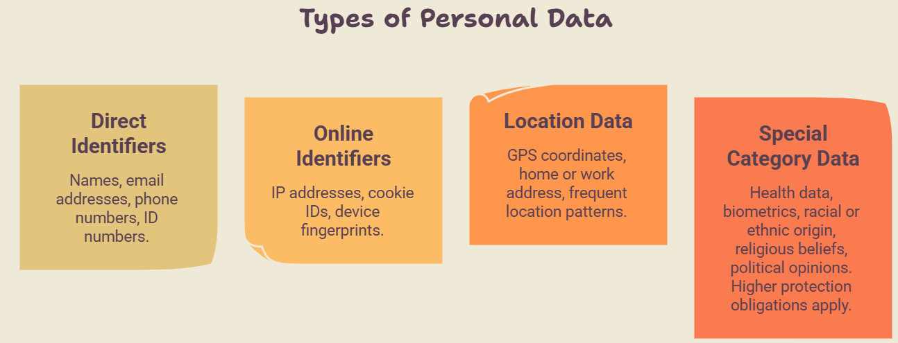 Diagram categorizing personal data under GDPR into direct identifiers, online identifiers, location data, and special category data, with examples such as names, IP addresses, GPS locations, and biometric information.