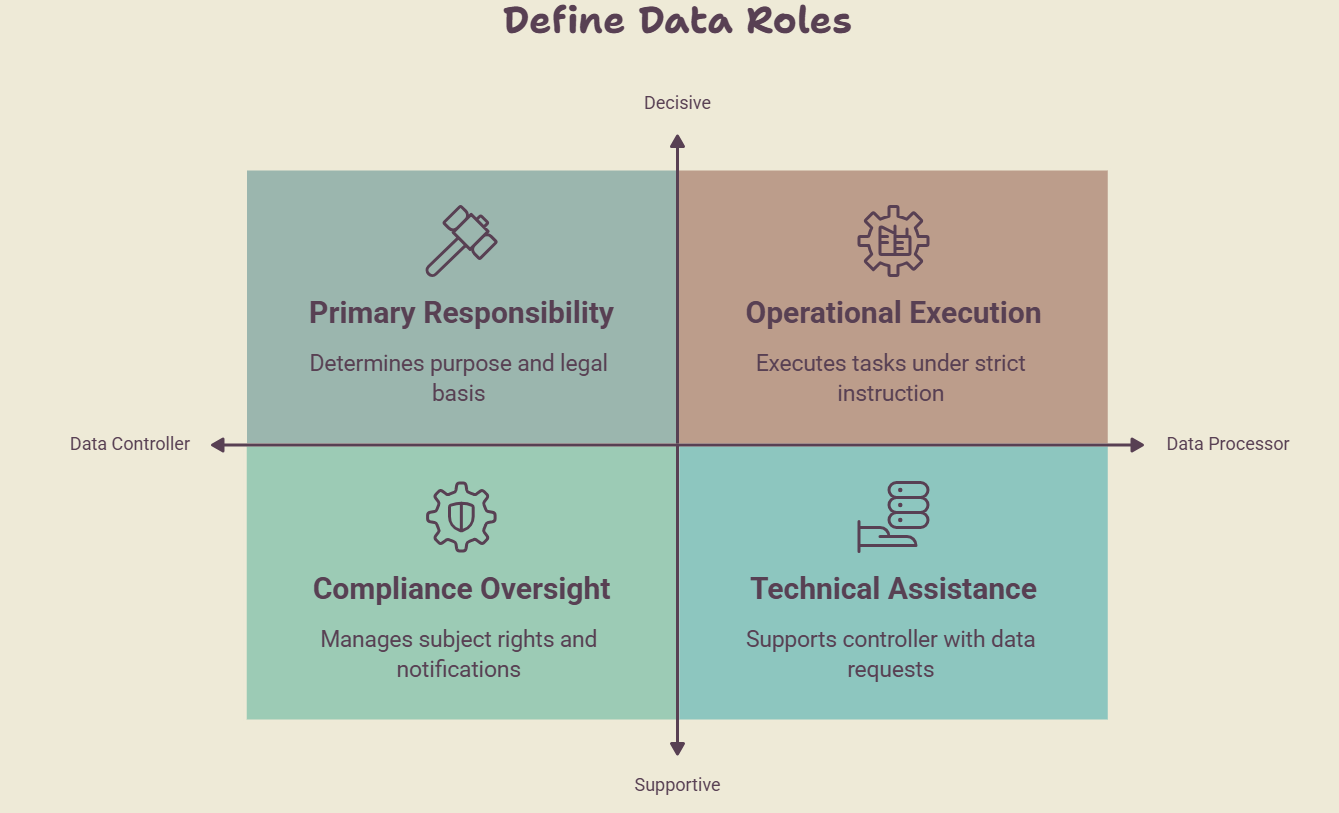Quadrant diagram comparing GDPR data controller and data processor responsibilities, illustrating decision-making authority, operational execution, compliance oversight, and technical assistance.