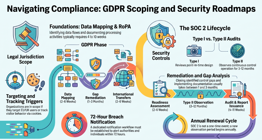 Comprehensive infographic combining GDPR jurisdictional scope with the SOC 2 compliance lifecycle, covering direct targeting, visitor monitoring, sub-processor relationships, readiness, observation period, and audit reporting.