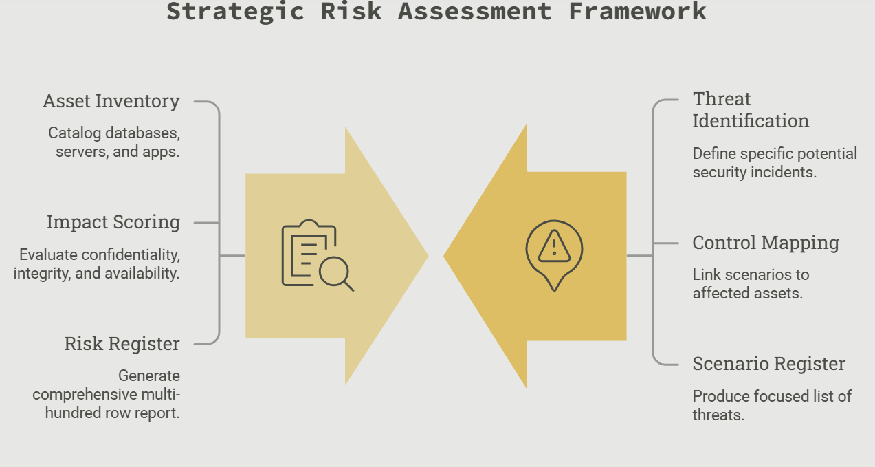 A strategic ISO 27001 risk assessment framework illustrating asset identification, threat analysis, control mapping, impact scoring, and risk register development within an Information Security Management System (ISMS).