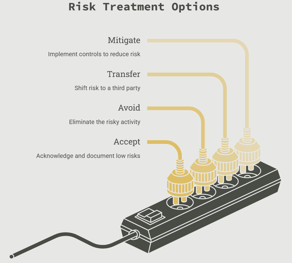 ISO 27001 defines four risk treatment strategies: mitigate, transfer, avoid, and accept. Organizations choose the most appropriate option based on their risk appetite and business objectives.