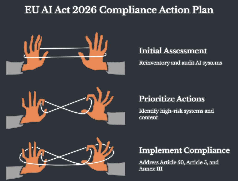 EU AI Act 2026 compliance action plan covering AI inventory, Article 50, watermarking, Article 5 and regulatory mapping
